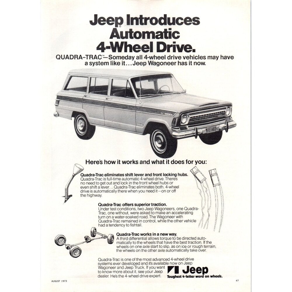 1973 Jeep Wagoneer Quadra-Trac 4x4 SUV Vintage Print Ad Man Cave Wall Art 70s